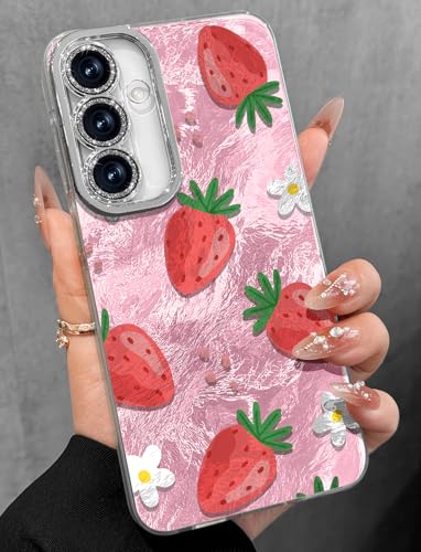 Toycamp Kompatibel mit Samsung Galaxy A15 5G Hülle – niedliche Glitzer-Erdbeerblume A15 5G, Handyhülle mit glitzerndem Kameralinsenschutz, Laser-Holo, Galaxy A15 5G, Schutzhülle für Damen von Toycamp