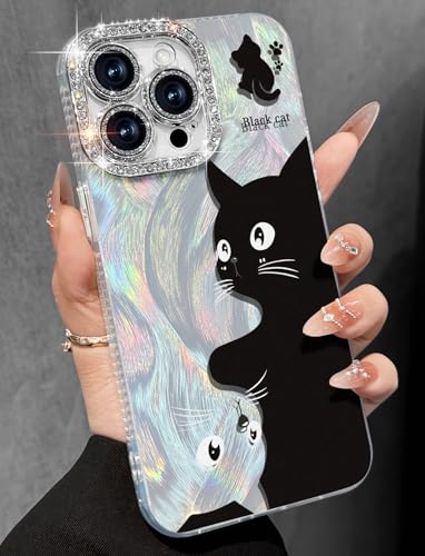 Toycamp Kompatibel mit iPhone 14 Pro Hülle – Niedliche glitzernde schwarz-weiße Katze 14 Pro Handyhülle mit Diamant-Bling, Kameralinsenschutz, Laser-Holo-Schutzhülle für iPhone 14 Pro, für Mädchen von Toycamp