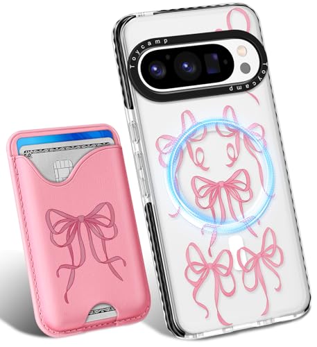 Toycamp Schutzhülle für Pixel 9 Pro XL – kompatibel mit Magsafe Kreditkartenhalter, Brieftasche, magnetisch, niedlich, für Frauen, Teenager, Mädchen, Kawaii, Mädchen, einzigartiges Schleifen-Design, von Toycamp