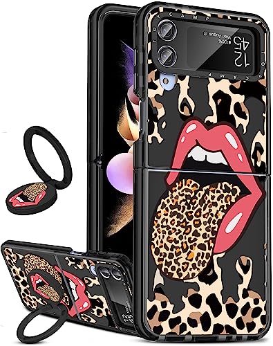 Toycamp Schutzhülle für Samsung Galaxy Z Flip 4 mit Ringhalter, niedlicher lustiger Leoparden-Lippen-Zungen-Druck, Designer-Cartoon, stoßfest, Galaxy Flip 4 Hüllen für Frauen, Mädchen, Jungen, von Toycamp