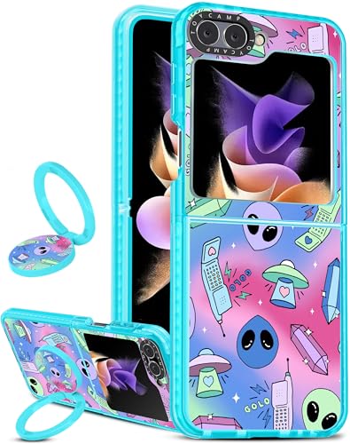 Toycamp Schutzhülle für Samsung Galaxy Z Flip 5 mit Ringhalter, niedliches Alien-UFO-Schiff, Cartoon-Druck, lustig, stoßfest, schützende Designer-Handyhüllen für Z Flip 5 für Frauen, Mädchen, Jungen, von Toycamp