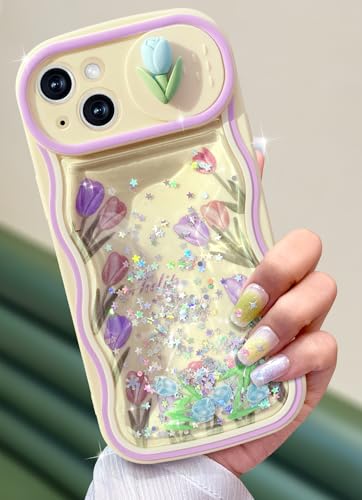 Toycamp Schutzhülle für iPhone 14 Plus, 17,7 cm (6,7 Zoll), niedliche Blume, Tulpe mit Schiebe-Kamera-Abdeckung, hübscher Glitzer, Kawaii-Bling-Design, fließender flüssiger Treibsand, Handyhülle für von Toycamp