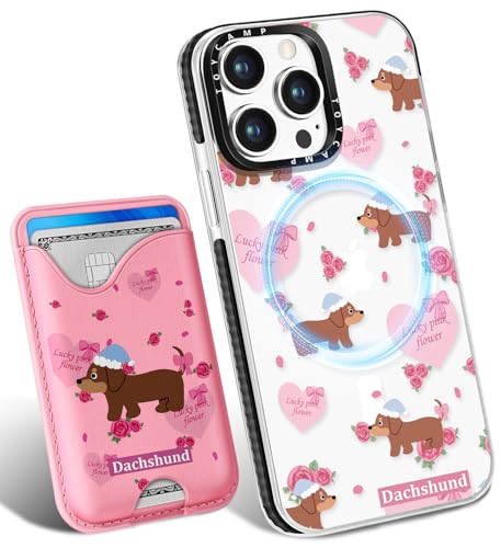 Toycamp Schutzhülle für iPhone 15 Pro Max – kompatibel mit Magsafe Kreditkartenhalter, Brieftasche, magnetisch, niedlich, für Damen, Teenager, Mädchen, Kawaii, Mädchen, einzigartiges Dackel-Design, von Toycamp