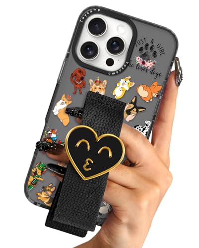 Toycamp Schutzhülle für iPhone 16 Pro Max (17,5 cm) für Damen und Mädchen – niedliche Cartoon-Hunde, Kawaii, ästhetisch, hübsches Teenager, schwarzes Herz, einzigartiges Design mit verstellbarem von Toycamp