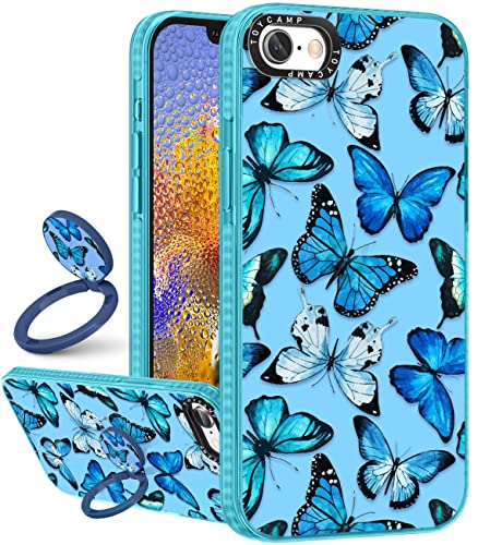 Toycamp Schutzhülle für iPhone 6/6S/7/8/SE (2020/2022), blaues Schmetterlings-Druck-Design für Frauen, Mädchen, Teenager, niedliche Mädchen-Schutzhülle mit Ringständer, 4.7 Zoll, Blau von Toycamp