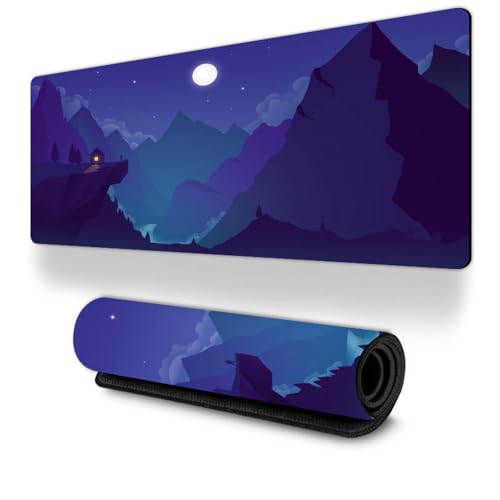 Treer Mond Landschaftsmuster Mousepad, Gaming Mauspad mit Vernähte Kanten, Mauspad L/XL/XXL, rutschfeste Gummibasis Mousepad Gaming, Mauspad Groß für Zuhause und Büro (700x300mm,Nacht) von Treer