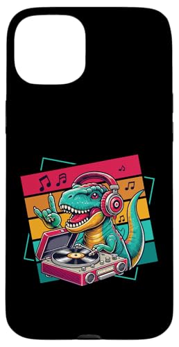 Hülle für iPhone 15 Plus Trex trägt Kopfhörer Vinyl Record Trex DJ von Trex Music Dinosaur Vinyl Designs