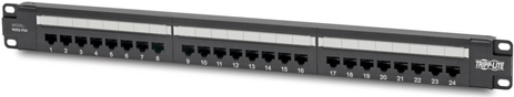 Tripp Lite Cat6 24-Port Patch Panel - PoE+ Compliant, 110/Krone, 568A/B, RJ45 Ethernet, 1U Rack-Mount, TAA - Patch Panel - Rack montierbar - CAT 6 - RJ-45 X 24 - Schwarz - 1U - 48.3 cm (19") - TAA-konform von Tripp Lite