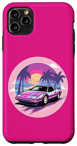 Hülle für iPhone 11 Pro Max Sportwagen in Rosa und Lila vor Palmen und Sonnenuntergang von Tropical Sports Car Design