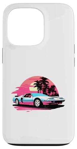 Hülle für iPhone 13 Pro Weißer und blauer Sportwagen vor Palmen und Sonnenuntergang von Tropical Sports Car Design