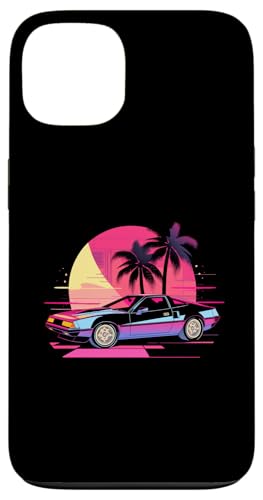 Hülle für iPhone 13 Schwarz-blauer Sportwagen vor Palmen und Sonnenuntergang von Tropical Sports Car Design