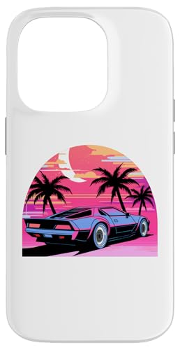 Hülle für iPhone 14 Pro Violetter Sportwagen vor Palmen-Silhouetten von Tropical Sports Car Design