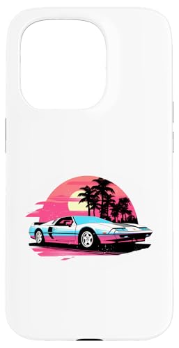 Hülle für iPhone 15 Pro Weißer und blauer Sportwagen vor Palmen und Sonnenuntergang von Tropical Sports Car Design