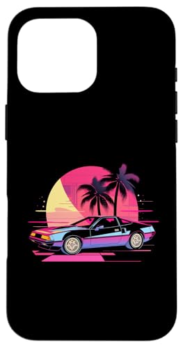 Hülle für iPhone 16 Pro Max Schwarz-blauer Sportwagen vor Palmen und Sonnenuntergang von Tropical Sports Car Design