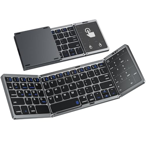 Faltbare Tastatur, tragbare kabellose Bluetooth-Tastatur mit Touchpad und Nummernblock, wiederaufladbare Reise-Klapptastatur mit Ständer für Tablet, Telefon, Laptop (Grau) von Trueque