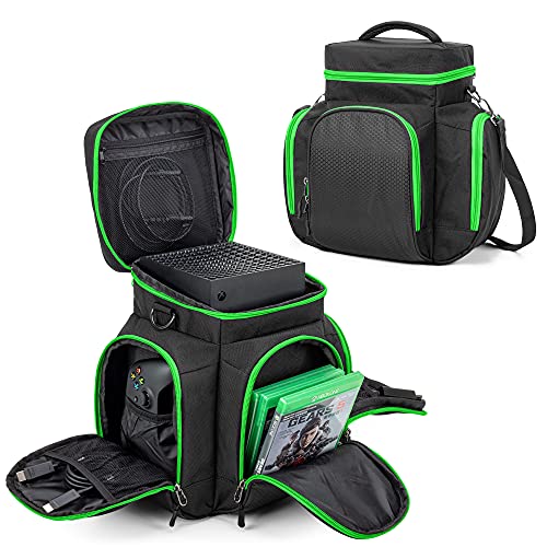 Trunab Konsolen Tragetasche，kompatibel mit Xbox Series X, Reisetasche mit Mehreren Aufbewahrungsfächern für Xbox-Controller, Headset, Spiele, Grün von Trunab