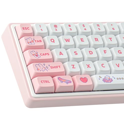 PBT Custom Keycaps 129 Tasten XDA Profil Tastenkappen Farbstoff-Sublimation Niedliches rosa Hasen-Tastenkappen-Set Kompatibel mit Cherry MX-Schaltern für mechanische Gaming-Tastaturen mit ANSI-Layout von Tsungup