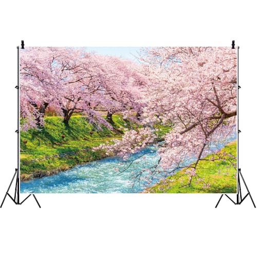 Ttincceer 2.5x1.8m Frühling Blume Hintergrund für Fotografie Frühling Fluss Rosa Kirschblüten Blüte Geburtstag Hintergrund Natur Landschaft Outdoor Reisen Party Dekoration Banner Vinyl von Ttincceer