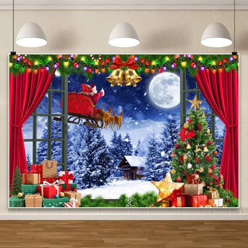 Ttincceer 2.5x1.8m Weihnachten Fotografie Hintergrund Fenster Szene Weihnachtsmann Schnee Wald Baby Dusche Fotohintergrund Bright Full Moon Starry Night New Year Eve Familie Party Dekorationen Vinyl von Ttincceer