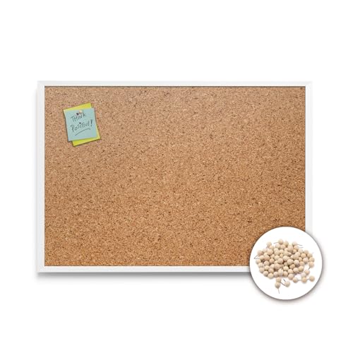 Tulup Korkplatte Wand 100x70 cm Naturkorkschicht mit Weißer Rahmen aus Kunststoff für Büro Schule und Zuhause mit Rahmen Pinnwand Kork Memo Board Mit Pushpins 1,5 cm Dicke von Tulup