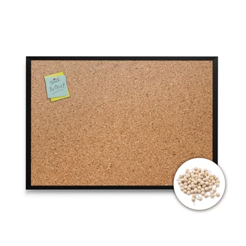 Tulup Korkplatte Wand 60x40 cm mit Schwarzer Rahmen aus Kunststoff mit Rahmen Mit Pushpins für Büro Schule und Zuhause Pinnwand Kork Naturkorkschicht 1,5 cm Dicke Memo Board von Tulup