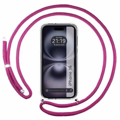 Tumundosmartphone Transparente Schutzhülle für iPhone 16 (6.1) mit Kordel, Fuchsia von Tumundosmartphone