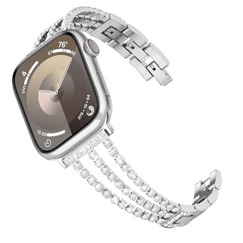 Tuocal Kompatibel mit Apple Watch Armband 38mm 40mm 41mm, Glitzer Diamant Strass Metall Edelstahl Ersatzarmband für iWatch Series 9 8 7 6 5 4 3 2 1 SE Damen, Silber von Tuocal