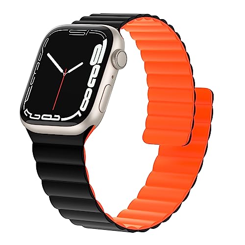 Tuocal Magnetarmband Kompatibel mit Apple Watch Ultra 2 Armband 49mm 45mm 44mm 42mm, Silikon Magnetisch Loop Ersatzband für iWatch Ultra Series 9 8 7 6 5 4 3 2 1 SE Herren, Schwarz Orange von Tuocal