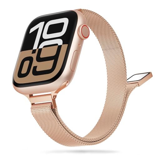 Tuocal Schmal Armband Kompatibel mit Apple Watch Armband 42mm 44mm 45mm 49mm, Schlank Milanese Mesh Metall Apple Watch Armband für iWatch Ultra 2 / Ultra Series 10 9 8 7 6 5 4 3 2 1 SE Damen, Roségold von Tuocal