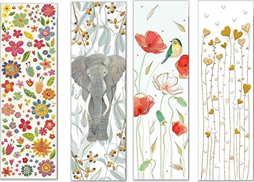 Set aus vier hochwertigen Lesezeichen, geprägtes Reliefpapier (original von Turnowsky, est. 1940) : Elefant, glitzernde Blüten, Meise, Herzen von TURNOWSKY