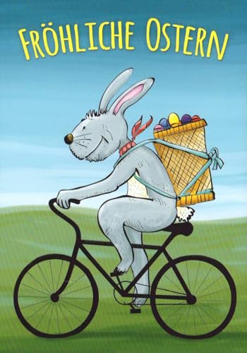 Fröhliche Osterkarten mit Hase auf Fahrrad, Bunter Eierkorb - Frühlingsgrußkarte für Feiertage, Cartoon Illustration von Wiese & Himmel, Entspannung & Freude, Festliche Familientradition Grußkarte von Tushita