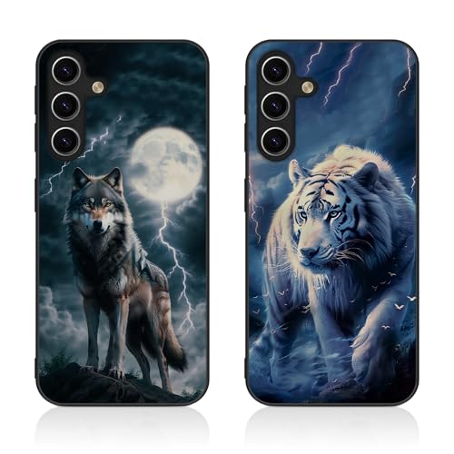 Tveinan 2 Pack Handyhülle für Samsung Galaxy A35 5G Hülle, Schwarz Soft TPU Slim Case Ultra Dünn Silikon Schutzhülle Motiv Muster Weich Cover Stoßfest Hülle für Samsung A35 5G - Wolf & Weißer Tiger von Tveinan