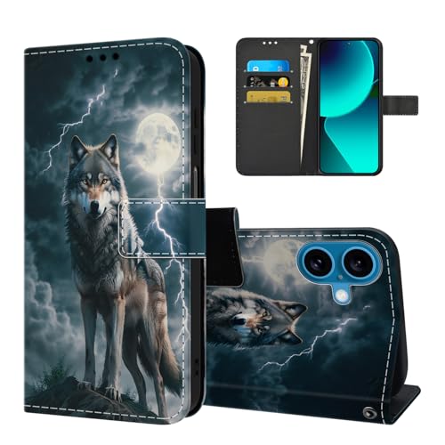 Tveinan Handyhülle für iPhone 16 Hülle, Premium PU Leder Klappbar Klapphülle mit Motiv Muster Schutzhülle Magnet Kartenfach Standfunktion Flip Case Handytasche für iPhone 16 - Wolf von Tveinan