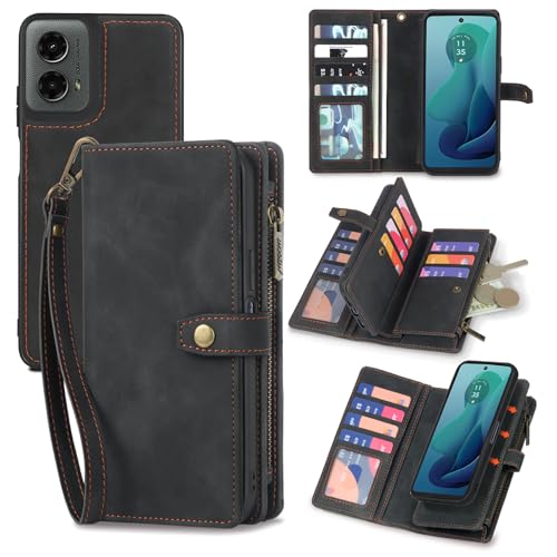 TwoHead Schutzhülle für Motorola Moto G 5G 2024, Brieftaschen-Schutzhülle mit Kartenhalter/abnehmbarem Reißverschluss, PU-Leder, Rundumschutz, magnetisch, Schwarz von TwoHead