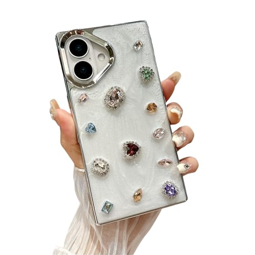 Tybiky Handyhülle für iPhone 12 Pro Kompatibel mit 3D-Edelstein-Strass-Quadratischer Juwel Hülle Netter Luxus Glitter Bling Diamant Case Stoßfest TPU Bumper Cover für Frauen Mädchen,Weiß von Tybiky