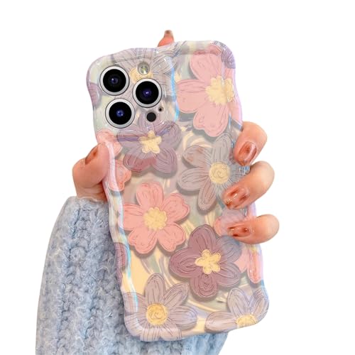 Tybiky Kompatibel mit iPhone 11 Pro Max Blumen Handyhülle Ölgemälde Aesthetic Blu-Ray Lockenwelle Rahmen Hülle für Mädchen Niedlich iPhone 11 Pro Max Weiche Silikon TPU Schutzhülle,Rosa Violette von Tybiky