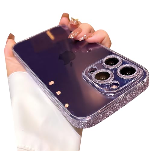 Tybiky Transparent Hülle für iPhone 16 Pro Bling Glitter Handyhülle Stoßfest Kratzfest Schutzfolie Gehärtetes Glas mit Glänzend Bling Schutzhülle für Frauen und Mädchen Durchsichtig Case,Lila von Tybiky