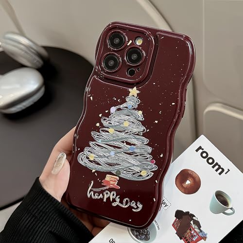 Tybiky Weihnachten Handyhülle Kompatibel mit iPhone 16 Pro Weinrot Hülle Süß Farbe Muster Weihnachtsbaum Glänzend Wellenkante Schutzhülle Stoßfest TPU Silikon Rückseite Bumper Case,Rot Äste von Tybiky