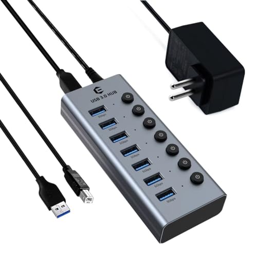 Tymyp USB 3.0 Hub mit Netzteil USB Hub, 7 Port USB Hub Aktiv USB Erweiterung mit individuellen EIN-/Ausschaltern und 1 m langem Kabel für Surface, Laptop, PC, HHD, SSD von Tymyp