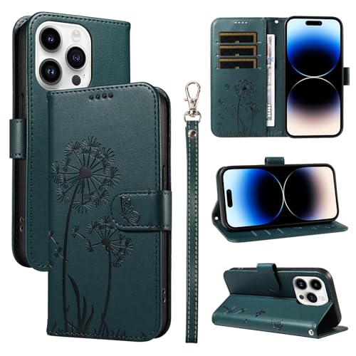 Handyhülle für iPhone 16 Pro Max PU Leder Klappbar Embossed Löwenzahn Motiv Flip Cover Klapphülle Schmetterling Magnet mit Standfunktion Kartenfach Schutzhülle für iPhone 16 Pro Max Dunkelgrün von U.DARELIKE