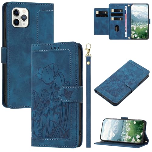 U.DARELIKE Handyhülle für iPhone 11 Pro PU Leder Klappbar Flip Cover Tulpen Schmetterling Muster Klapphülle mit Magnet Standfunktion Kartenfach Schutzhülle für iPhone 11 Pro Marine Blau von U.DARELIKE