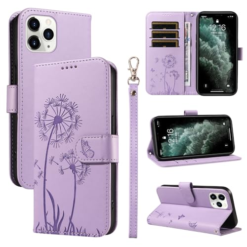 U.DARELIKE Handyhülle für iPhone 12/12 Pro PU Leder Klappbar Embossed Löwenzahn Motiv Flip Cover Klapphülle Schmetterling Magnet mit Standfunktion Kartenfach Schutzhülle Lila von U.DARELIKE