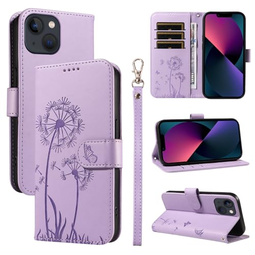 U.DARELIKE Handyhülle für iPhone 13 PU Leder Klappbar Embossed Löwenzahn Motiv Flip Cover Klapphülle Schmetterling Magnet mit Standfunktion Kartenfach Schutzhülle für iPhone 13 Lila von U.DARELIKE