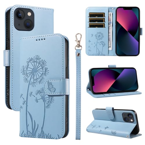 U.DARELIKE Handyhülle für iPhone 14 Plus PU Leder Klappbar Embossed Löwenzahn Motiv Flip Cover Klapphülle Schmetterling Magnet mit Standfunktion Kartenfach Schutzhülle für iPhone 14 Plus Blau von U.DARELIKE