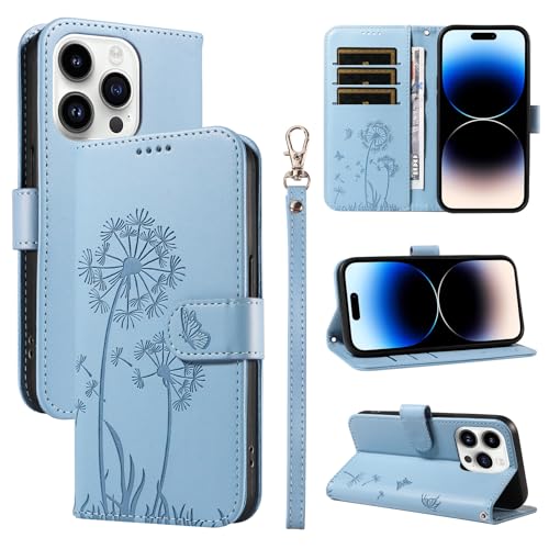 U.DARELIKE Handyhülle für iPhone 15 Pro Max PU Leder Klappbar Embossed Löwenzahn Motiv Flip Cover Klapphülle Schmetterling Magnet mit Standfunktion Kartenfach Schutzhülle für iPhone 15 Pro Max Blau von U.DARELIKE