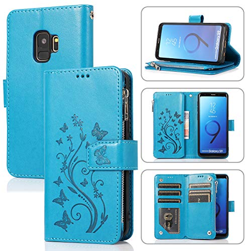 UEEBAI Handyhülle für Samsung Galaxy S9, PU Leder Flip Hülle 3D Reliefprägung Butterfly Retro Reißverschluss TPU Klapphülle Kartenfach Standfunktion Geldbörse Handschlaufe - Blau von UEEBAI