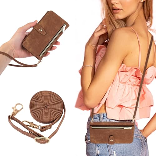 UEEBAI Handykette Hülle für Samsung Galaxy S22 5G, 9 Kartenfäche Retro Leder Geldbörs Flip Case mit Umhängegurt Handschlaufe Standfunktion Wallet Reißverschluss Handyhülle – Braun von UEEBAI