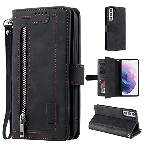 UEEBAI Hülle für Samsung Galaxy S21 FE 5G, Retro Reißverschluss Handyhülle PU Leder Klapphülle Silikon Bumper mit 9 Kartenfächer Standfunktion Geldbörse Trageband Schutzhülle Wallet Case - Schwarz von UEEBAI