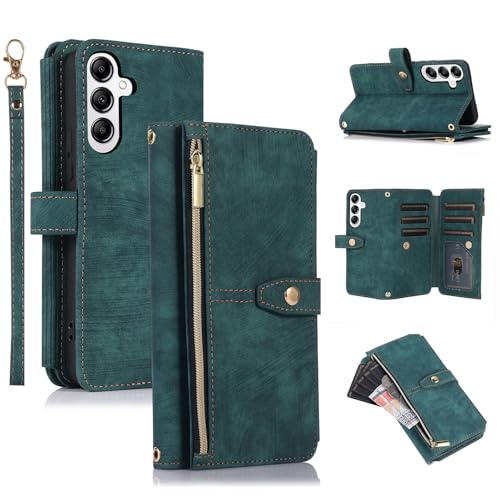 UEEBAI Hülle für Samsung Galaxy S24/S25 5G, 9 Kartenfäche Leder Geldbörse Stoßfest Flip Case mit Handschlaufe Standfunktion Reißverschluss Handyhülle Magnetverschluss Wallet Case, Retro Grün von UEEBAI