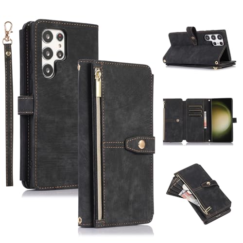 UEEBAI Hülle für Samsung Galaxy S25 Ultra 5G, 9 Kartenfäche Leder Geldbörse Stoßfest Flip Case mit Handschlaufe Standfunktion Reißverschluss Handyhülle Magnetverschluss Wallet Case, Retro Schwarz von UEEBAI